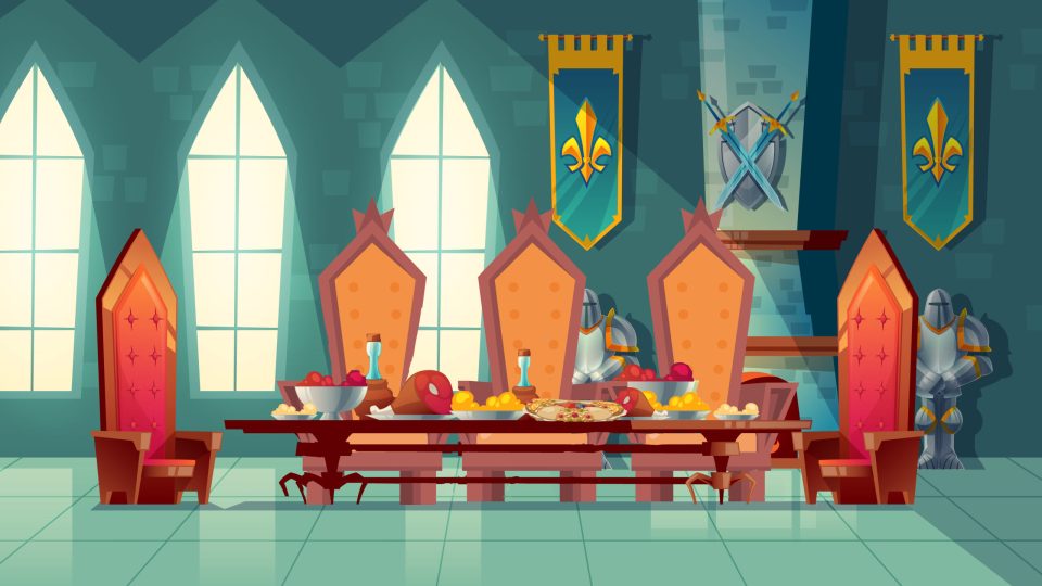 Vector castle hall, interior of royal ballroom with throne, table, fireplace and knight armor. Luxury furniture in medieval palace. Fantasy, fairy tale or game background